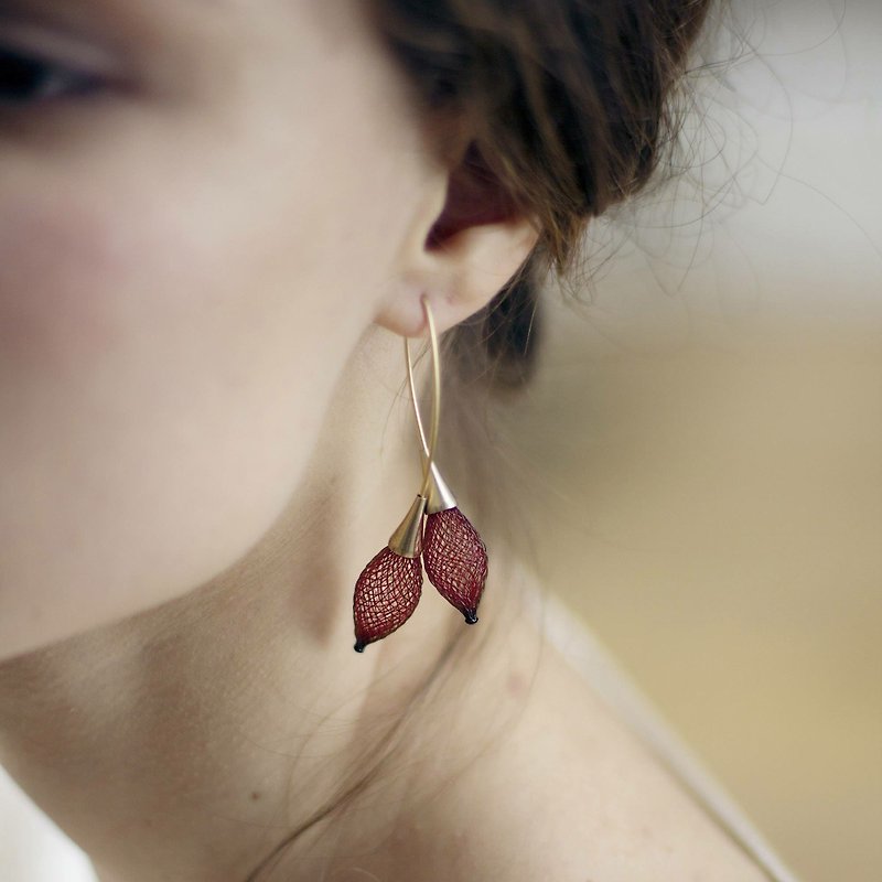 French handmade nylon double bud earrings_burgundy - ต่างหู - เส้นใยสังเคราะห์ สีแดง