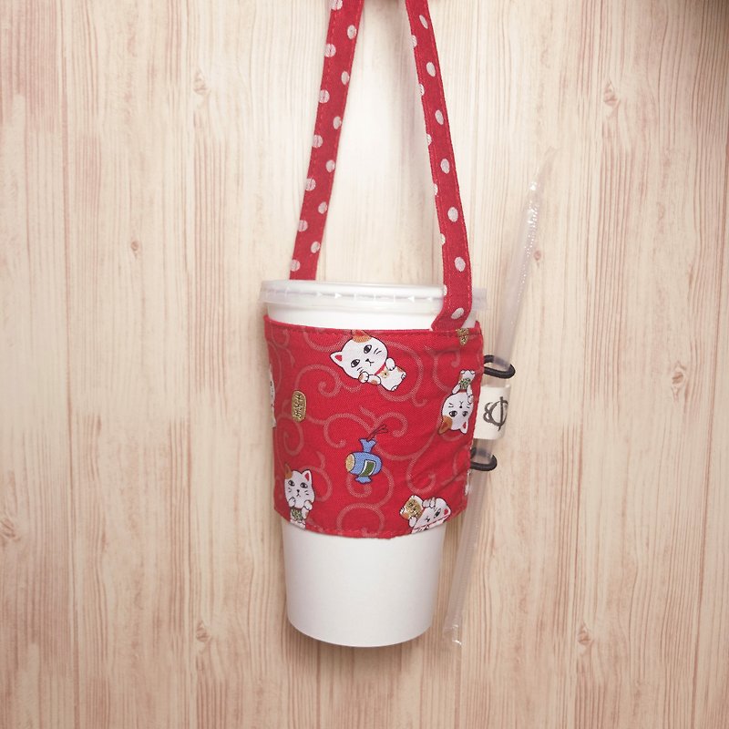 Bao-來來招財貓環保飲料提袋 - 飲料提袋/杯袋/杯套 - 棉．麻 紅色