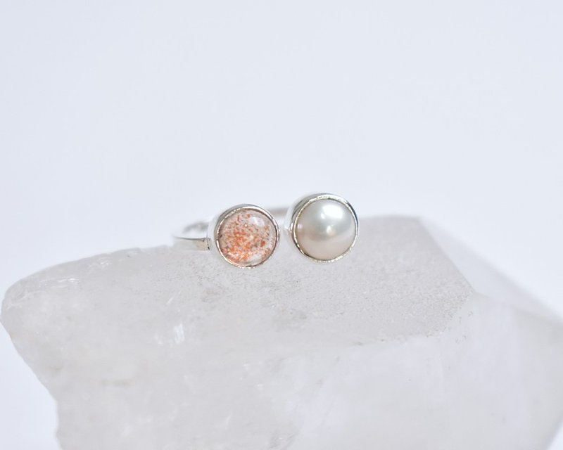 Sunstone and freshwater pearl double stone silver ring, fork ring, natural stone - 戒指 - 寶石 橘色