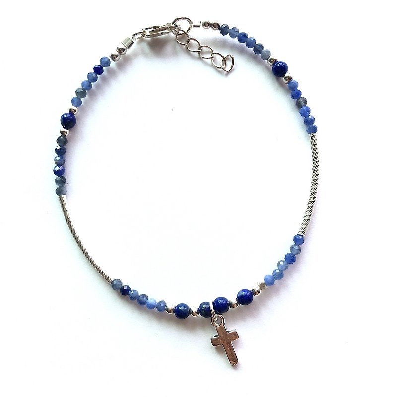 Praying Kyanite and Lapis Cross Cross Sterling Silver Bracelet Bracelet - Bracelets - Other Metals Blue