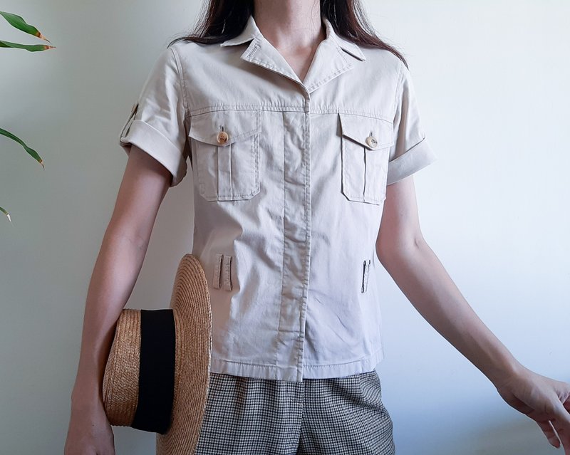 THEORY 米色卡其 Safari 襯衫 短袖旅行襯衫 繫扣襯衫 尺寸 Xs - 女襯衫 - 棉．麻 卡其色