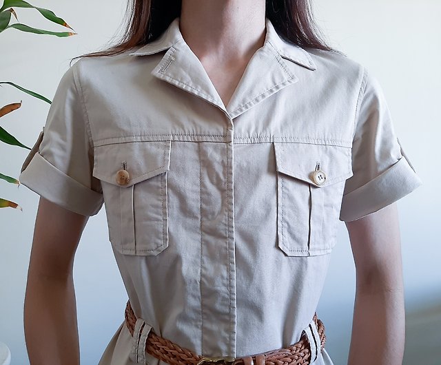 THEORY Beige Khaki Safari shirt Short sleeve Travel shirt Button