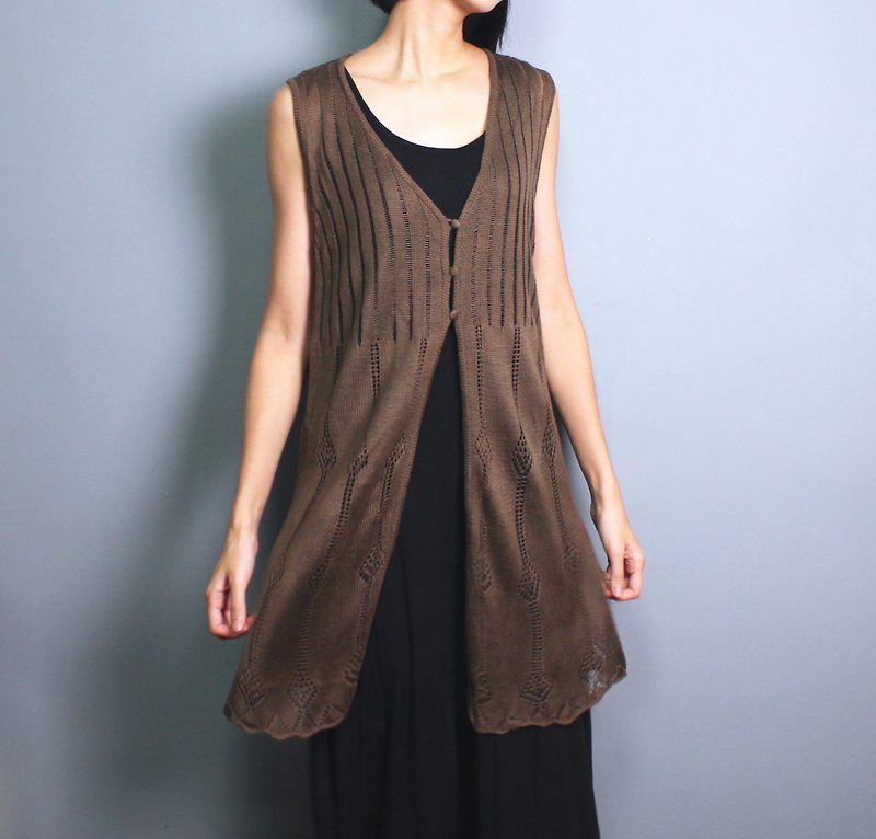 FOAK vintage retro brown openwork vest - เสื้อกั๊กผู้หญิง - วัสดุอื่นๆ 