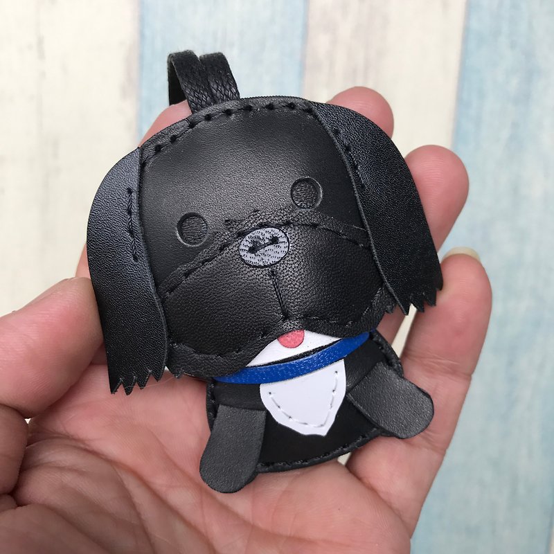 Healing small things black cute Shih Tzu dog hand-stitched leather charm small size - พวงกุญแจ - หนังแท้ สีดำ