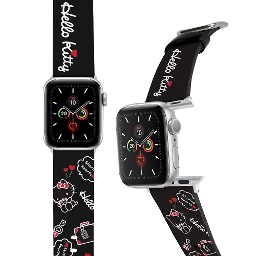 i-Smart SANRIO-Apple Watch-皮革錶帶-黑色心心 HELLO KITTY