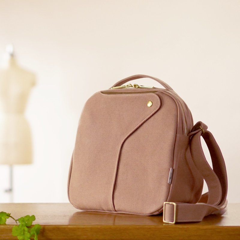 Chocolat / Pink beige × Brown beige [Made to order] Trocco canvas bag - กระเป๋าแมสเซนเจอร์ - ผ้าฝ้าย/ผ้าลินิน สึชมพู