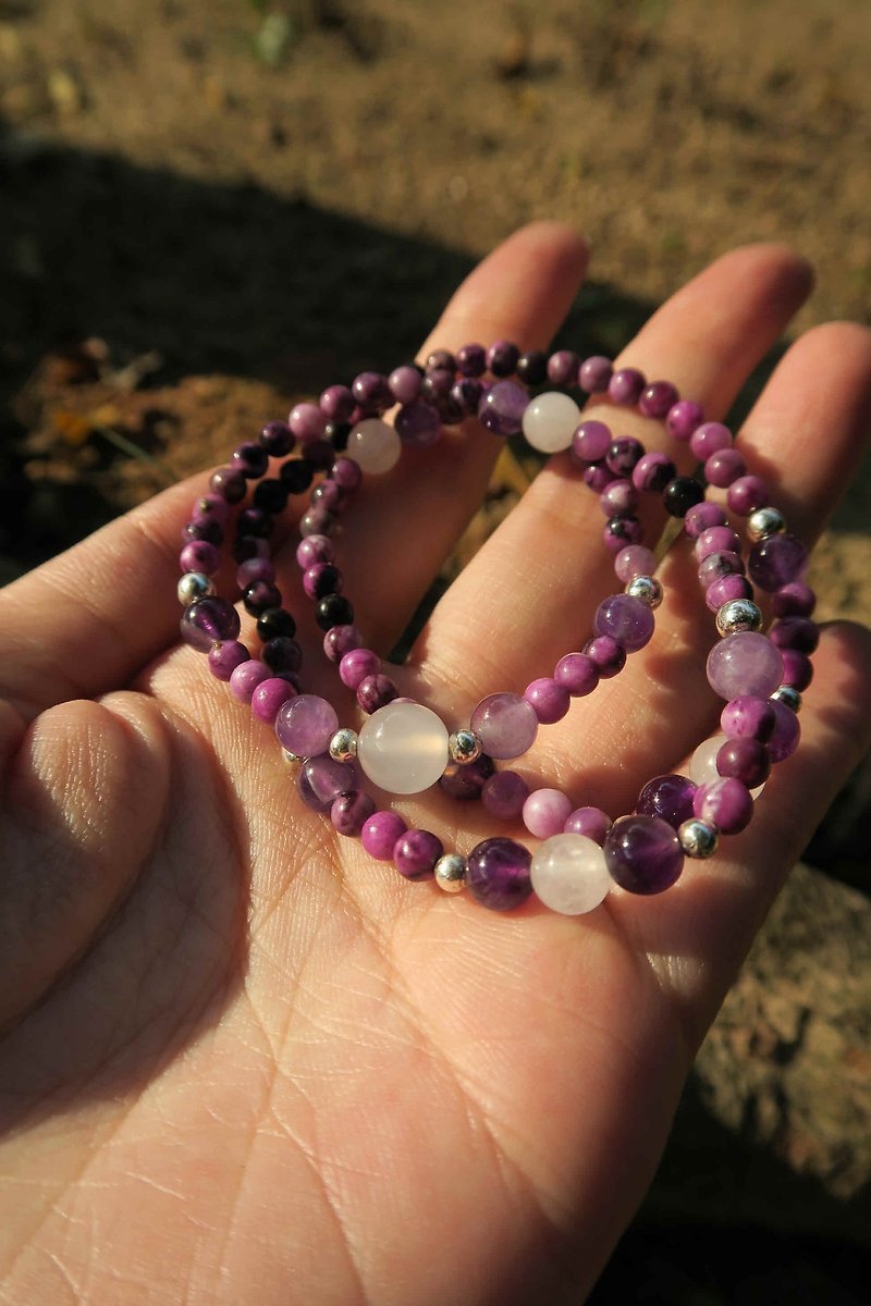Small spiritual hand thing Purple Dragon Crystal Amethyst Agate Sterling Silver Bead Three Circle Bracelet Necklace - สร้อยข้อมือ - เครื่องเพชรพลอย สีม่วง