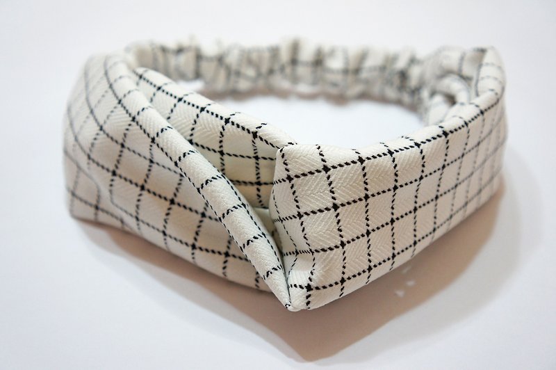 White small plaid / handmade elastic headband - เครื่องประดับผม - ผ้าฝ้าย/ผ้าลินิน ขาว