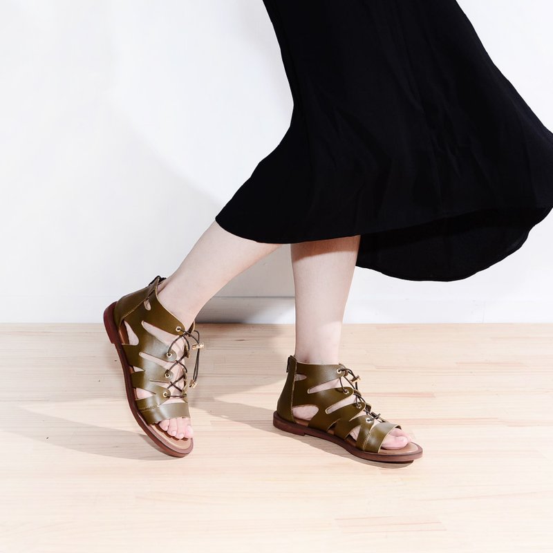 Lace-up shoes Rome Strappy Sandals | dark green olive - รองเท้าลำลองผู้หญิง - หนังแท้ สีเขียว