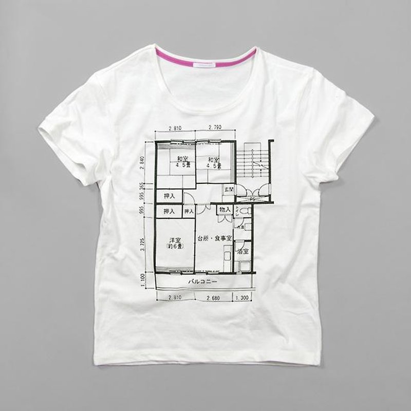 To friends who moved home! Tcollector Japan's floor plan Ladies' T shirt XS ~ XL size - เสื้อยืดผู้หญิง - ผ้าฝ้าย/ผ้าลินิน ขาว