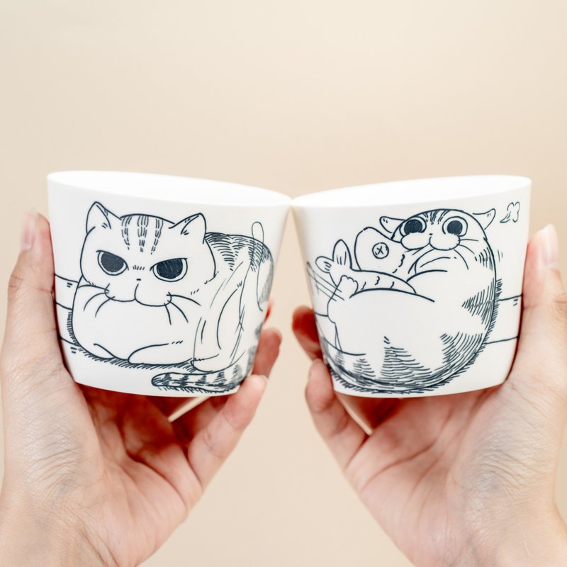 Sketchy Cat Tea Cups Handmade Pottery Line Art Style Small Coffee Mugs Gift - แก้วมัค/แก้วกาแฟ - ดินเผา ขาว