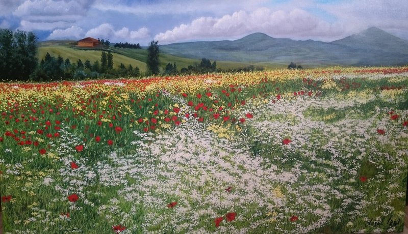 Tuscan Fieldes Painting Landscape Original Art Canvas Painting Wildflowers Art - 插畫/繪畫/寫字 - 亞麻 