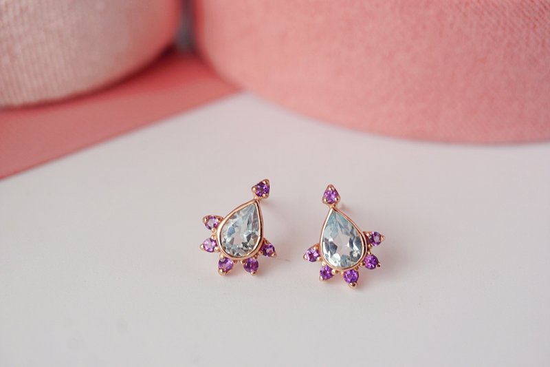 Natural Topaz Sterling Silver 925 with Rosegold Plated Stud Earrings. - 耳環/耳夾/耳骨夾 - 純銀 藍色
