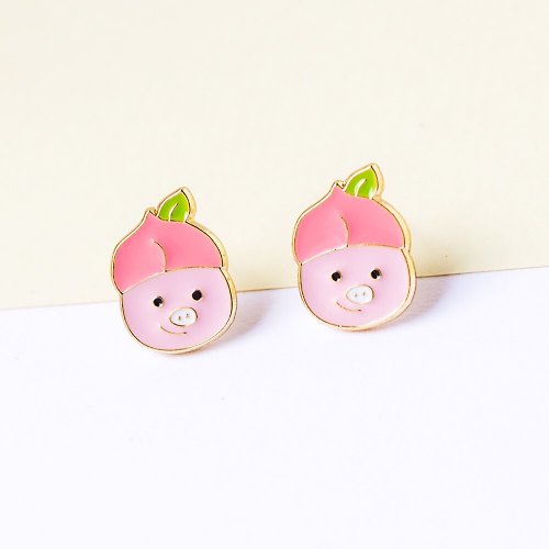 Little OH! 手工飾品 蜜桃粉紅豬 水果動物 耳針 耳夾