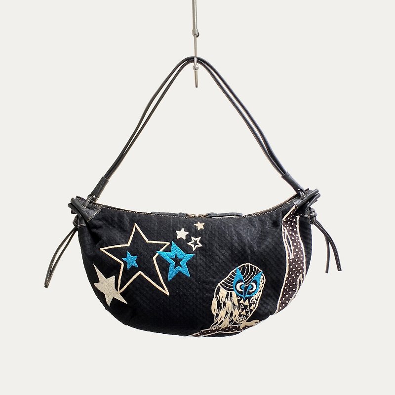 Owl embroidered croissant bag - Messenger Bags & Sling Bags - Polyester Black