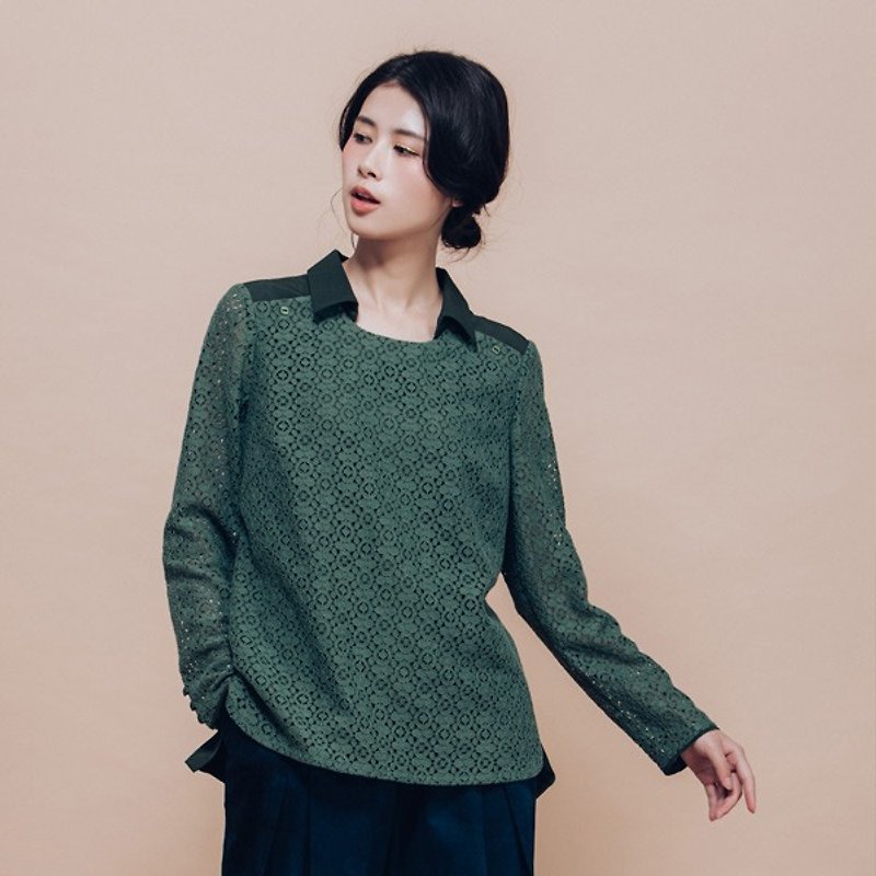 Kafka Song carved shape shirt - shade - เสื้อเชิ้ตผู้หญิง - ผ้าฝ้าย/ผ้าลินิน สีเขียว