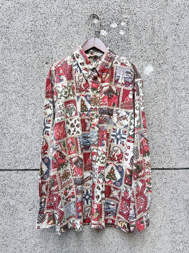 紅綠白色聖誕麋鹿花卉 滿版圖騰反翻布上衣襯衫 vintage shirt - 男襯衫/休閒襯衫 - 棉．麻 多色