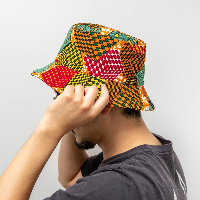 African fabric bucket hat - หมวก - ผ้าฝ้าย/ผ้าลินิน สีส้ม