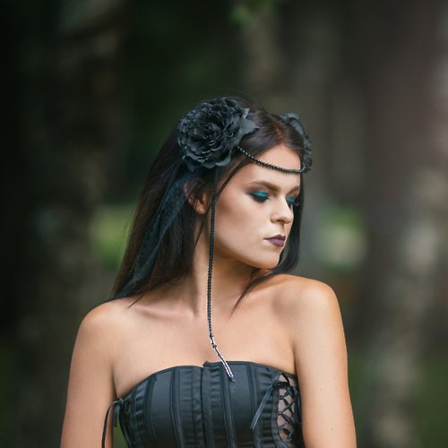 LepotaAccessories Black flower Dark goddess headpiece Black wedding bridal tiara Gothic halo crown