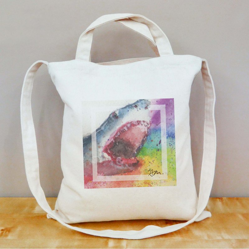 [Sam Earth Rainbow Series] Illustrator Sam. Sam Ze Rainbow Shark straight canvas bag - กระเป๋าคลัทช์ - ผ้าฝ้าย/ผ้าลินิน สีกากี