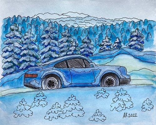 Anastasia Art - 独特的工艺 Snowy Road watercolour painting, nature artwork, Porsche 911, winter landscape
