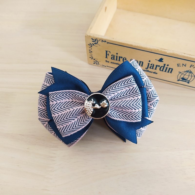 Pink and blue herringbone webbing multi-layered bow banana clip - Hair Accessories - Other Materials Multicolor