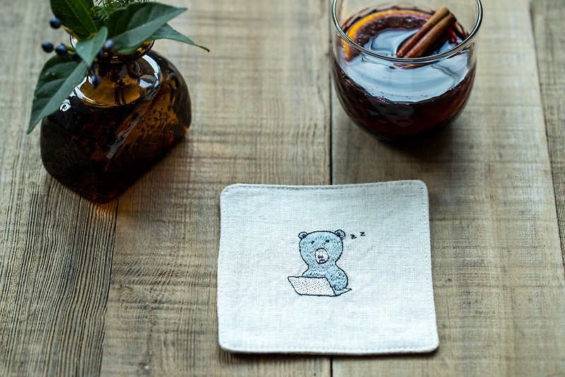 Taiwan black bear embroidered coaster original Linen - Coasters - Cotton & Hemp White