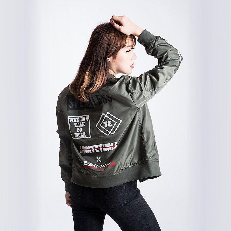 L.I.M.I.T.E - Women Velcro Patch with Printed MA-1 Jacket - Women's Casual & Functional Jackets - Nylon Green