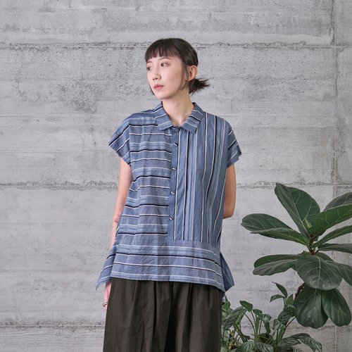 And by tan&luciana 橫豎條紋拼接半開襟上衣