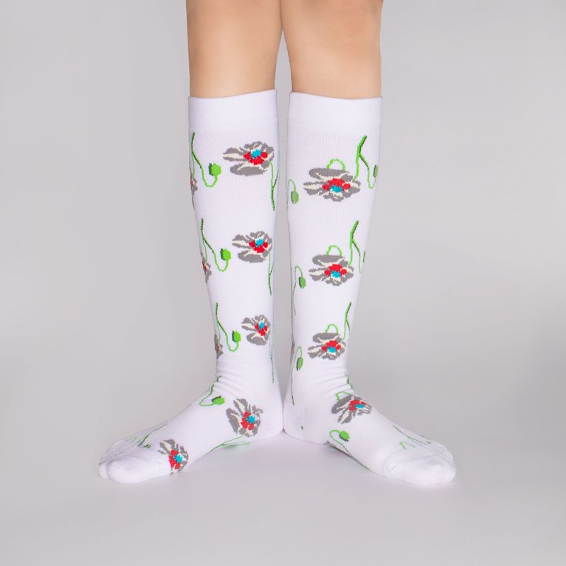 SS23 White Poppy Classic Designer Compression Knee Socks - Socks - Cotton & Hemp White