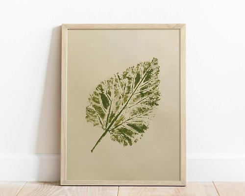 daashart N1 Monotype print Green vintage textured leaf plant wall art Original artwork