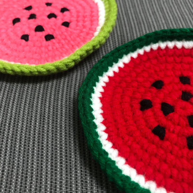 RABBIT LULU Handmade woolen watermelon coaster light green dark green 2 colors - Coasters - Other Materials Green