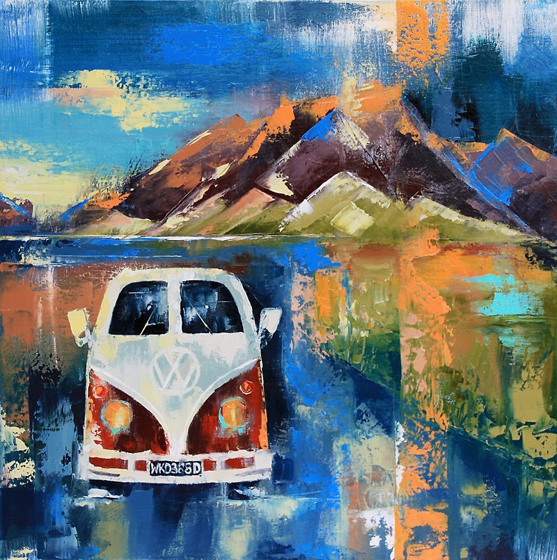 Retro Car Painting California Original Art VW Bus Wall Art Mountains Artwork Oil - 掛牆畫/海報 - 其他材質 藍色