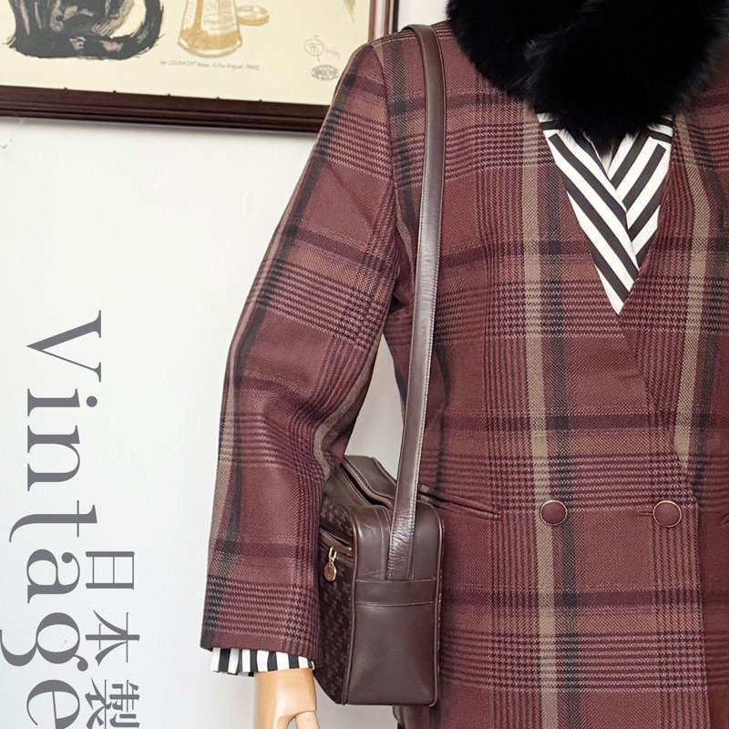 vintage 極新美品 酒紅格紋極美配色 羊毛無領西裝外套 日本製 - 女西裝外套 - 羊毛 