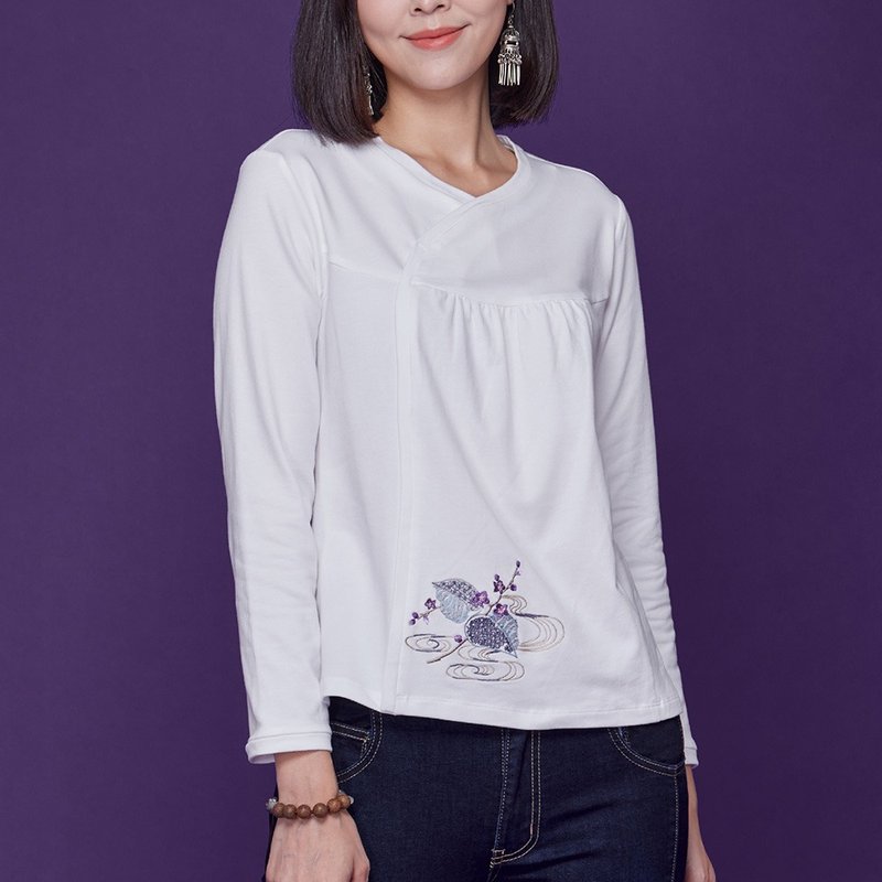 古典美 斜襟抽皺顯瘦T桖【58002】 - 女 T 恤 - 棉．麻 白色