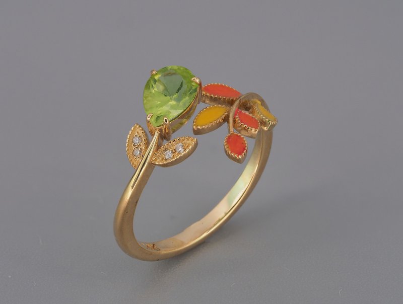 Floral gold ring with enamel autumn color Leaves with peridot and diamonds - 戒指 - 貴金屬 金色