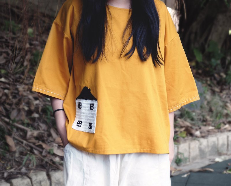 芥黃色毛線編織小屋 日式短版上衣 - 女裝 上衣 - 棉．麻 橘色