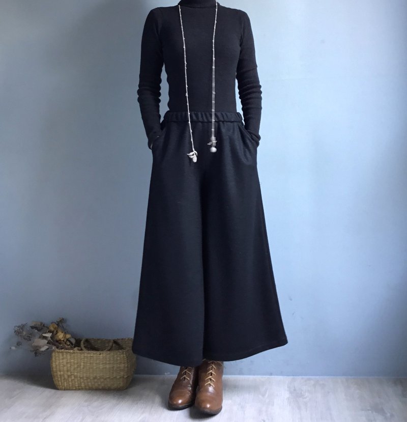 Starry sky weaving/black Silver wool mid-length wide culottes/Wool - Women's Pants - Wool Black