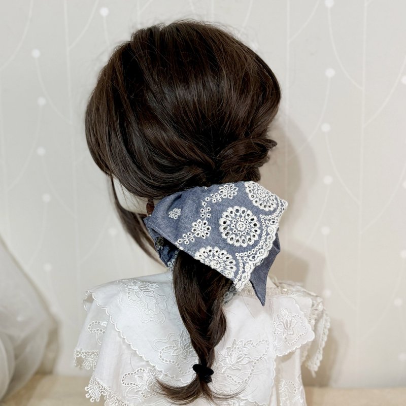 Square scarf scrunchie/ hair tie embroidered lace denim intestine ring cotton scrunchie hair tie - เครื่องประดับผม - วัสดุอื่นๆ สีน้ำเงิน