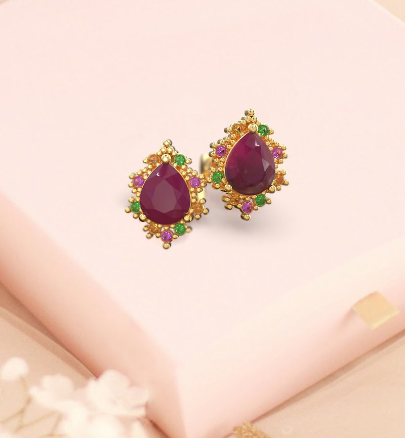Red Ruby earring 925 Silver earring, Red ruby, Natural ruby ring, Stud earring, - Earrings & Clip-ons - Gemstone Brown