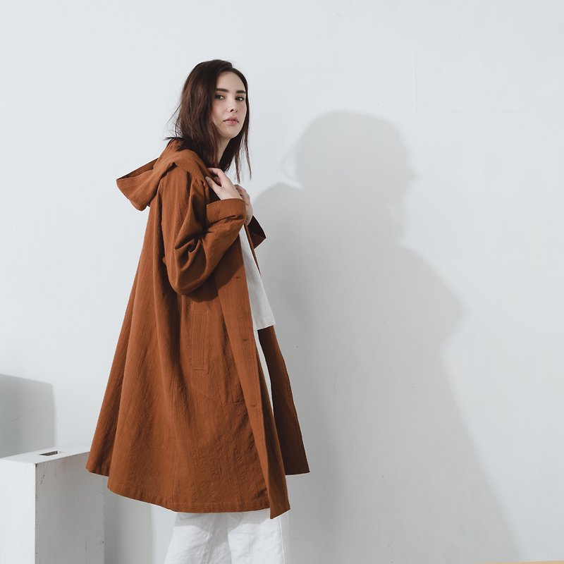Hooded Raglan Coat - Mahogany - เสื้อแจ็คเก็ต - ผ้าฝ้าย/ผ้าลินิน สีนำ้ตาล