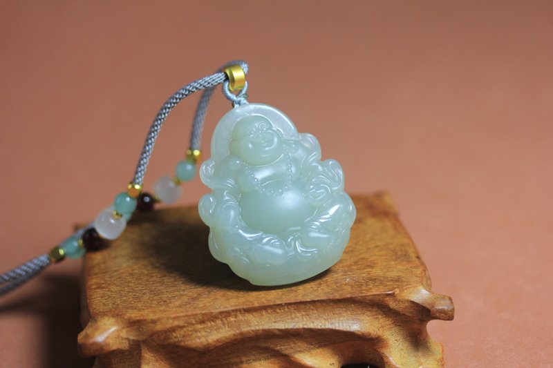 [Maitreya Buddha] Natural Hetian Jade Pendant/Big Belly Buddha Necklace/Smiling Jade Pendant/Handmade - สร้อยคอ - หยก สีเขียว