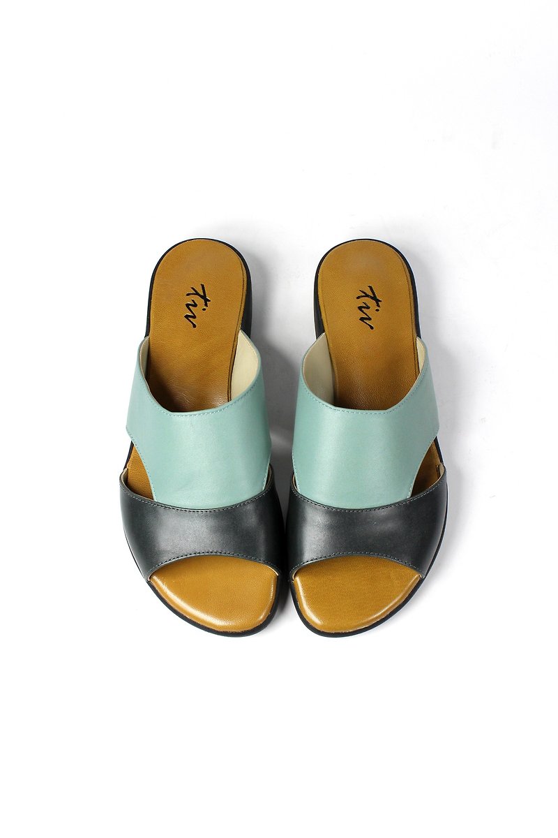 Green and blue color block leather slippers - Slippers - Genuine Leather Green