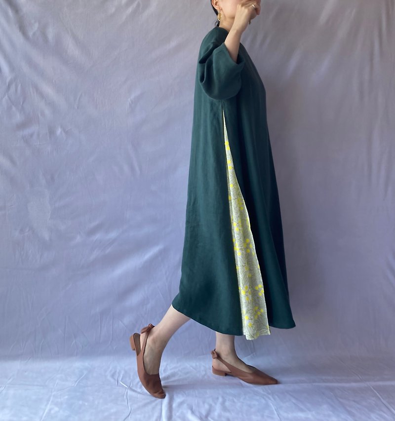 linen combination dress　darkgreen/mimosa(embroidery) - 洋裝/連身裙 - 棉．麻 綠色