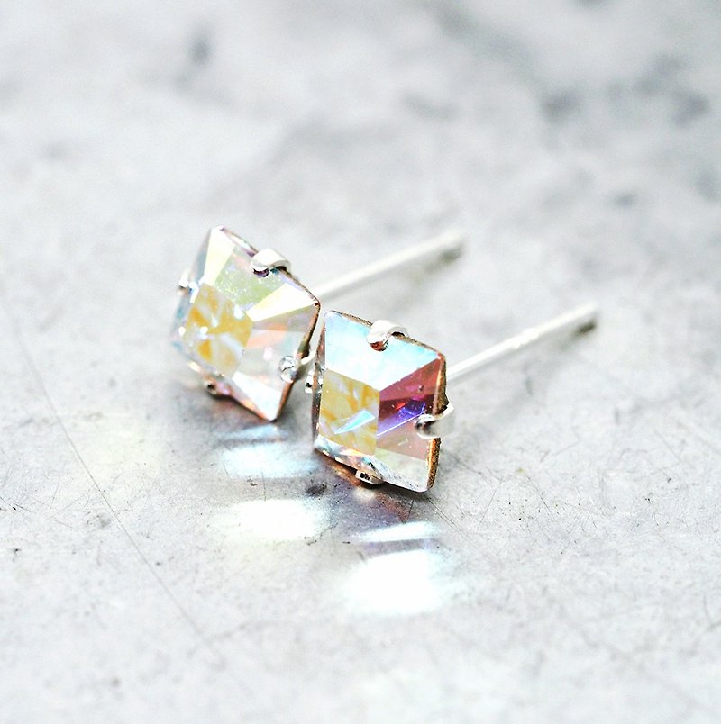 Rainbow Swarovski Crystal Stud Earrings, Sterling Silver, 6mm Square - Earrings & Clip-ons - Other Metals Multicolor