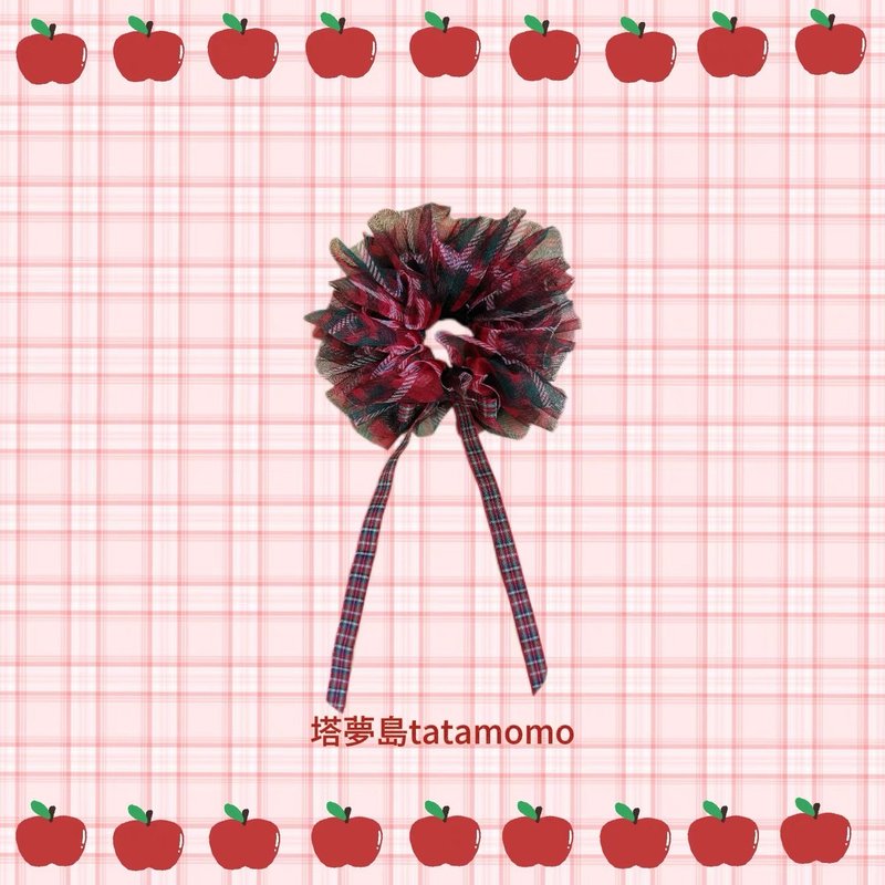 Fruit collage party red double-layer plaid yarn handmade hair rope hair tie - Hair Accessories - Cotton & Hemp Red