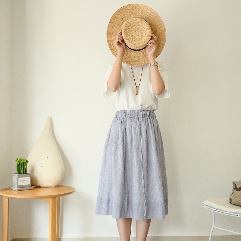 條紋系帶擺裙|裙子|半身裙|系帶|條紋|夏天的顏色|獨立品牌|Sora - 裙子/長裙 - 棉．麻 
