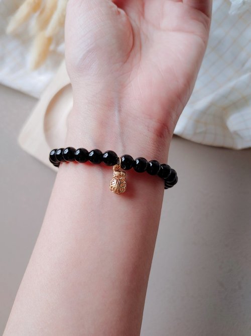 棉羊花手作×如願飾品 (快速出貨)對應海底輪 天然黑曜石手環搭配14K包金小錢袋吊墜手環