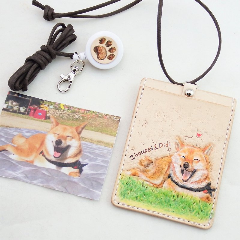 Customized pet fur kid (leather engraving) card holder, ID holder, key bag, book jacket, notebook long clip, gogoro - ที่ใส่บัตรคล้องคอ - หนังแท้ สีนำ้ตาล