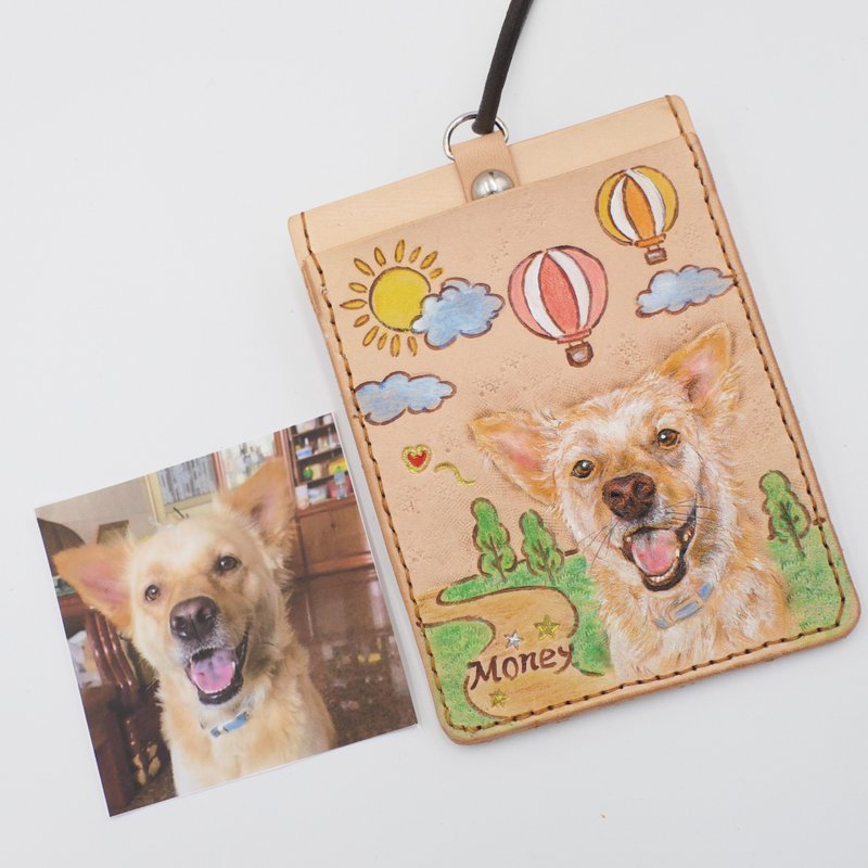 Customized pet fur kid (leather engraving) card holder, ID holder, key bag, book jacket, notebook long clip, gogoro - ที่ใส่บัตรคล้องคอ - หนังแท้ สีนำ้ตาล